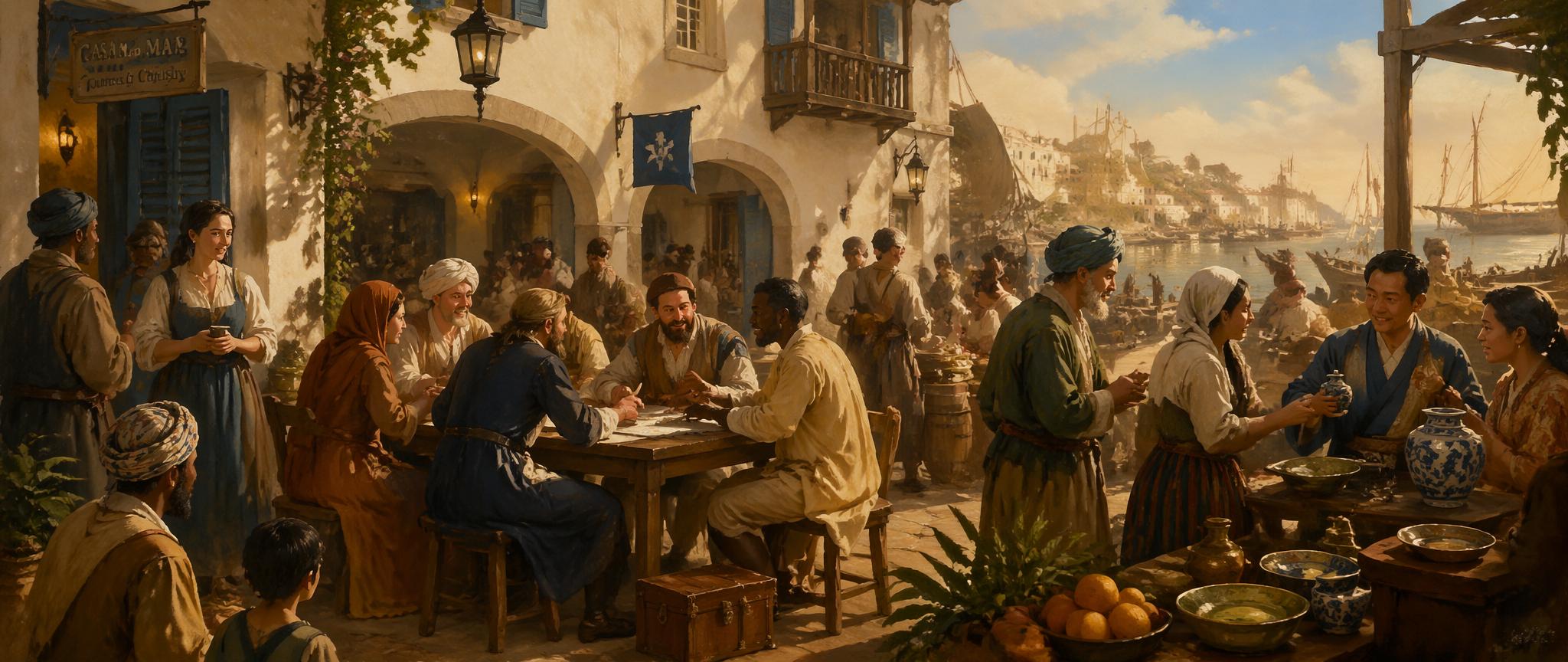 Merchants of many origins, meeting peacefully at a Mediterranean harbor — a painterly scene evoking the trading-post tradition at the heart of Van Der Seller.